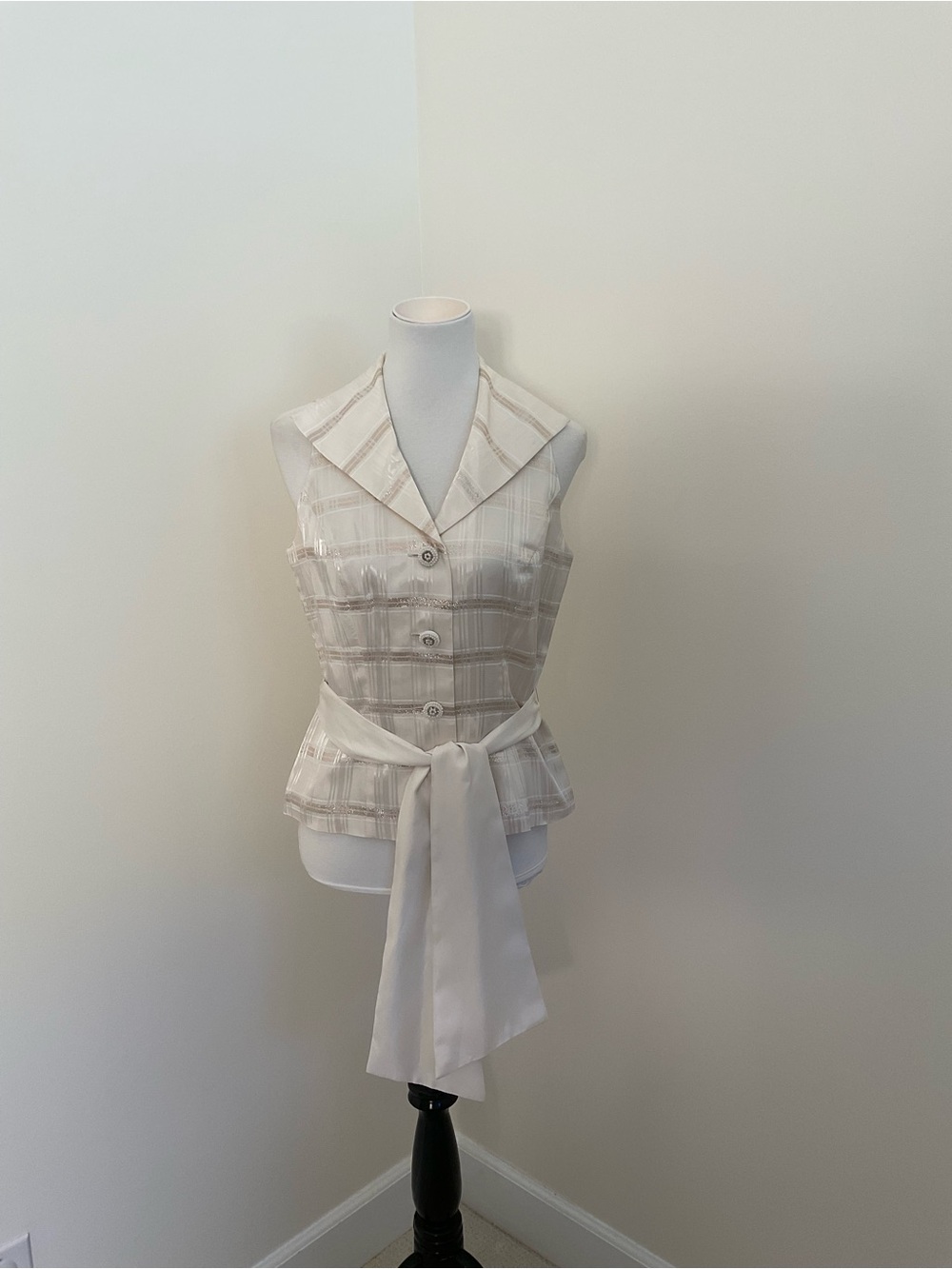 Vintage Delaru Cream and Gold Plaid Sleeveless Evening Vest Top